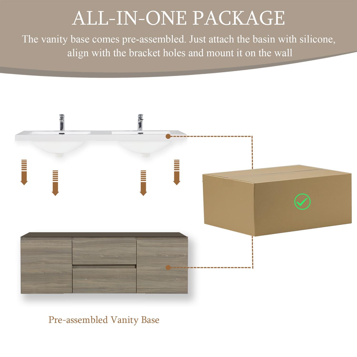 Demi Bonn 60" Floating Bathroom Vanity with Sink, Double Resin Top Basin and 2 Soft Close Drawers, 2 Storage Cabinet, Faucets and Drains Not Included, Gray