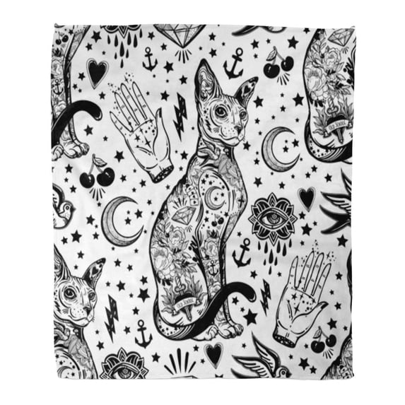 KDAGR Flannel Throw Blanket Vintage Traditional Tattoo Flash Magic Inked Cat Doodle Pattern Soft for Bed Sofa and Couch 50x60 Inches