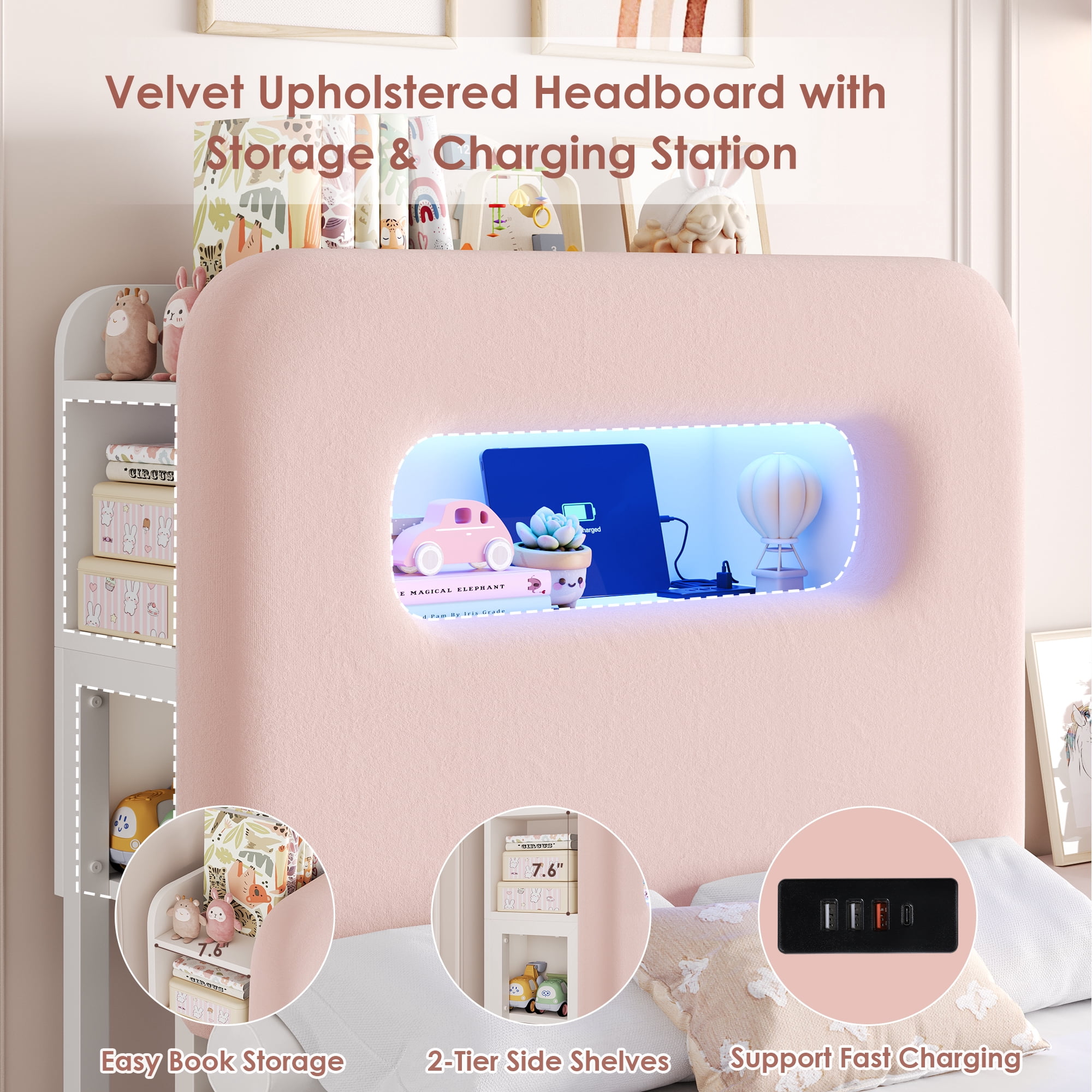 Homfa Twin Size Velvet Upholstered Bed with LED Lights & 2 Drawers, Storage Headboard Platform Bed Frame with USB Ports & Outlets, Pink