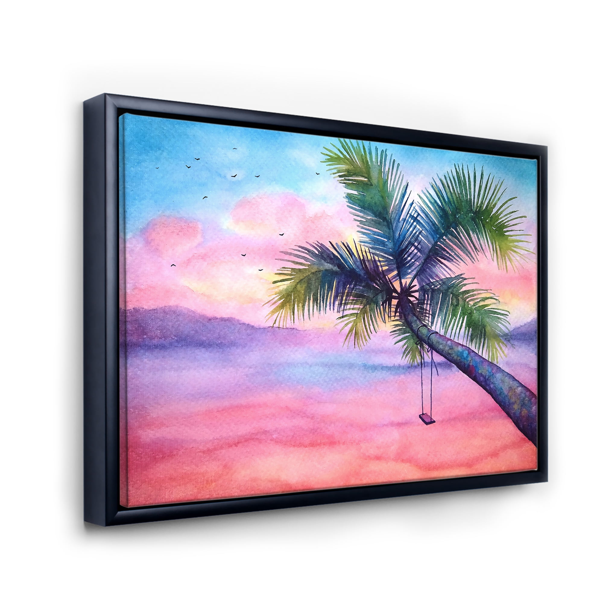 Designart 'Vivid Sunset Landscape With Swing and Palm' Nautical & Coastal Framed Canvas Wall Art Print
