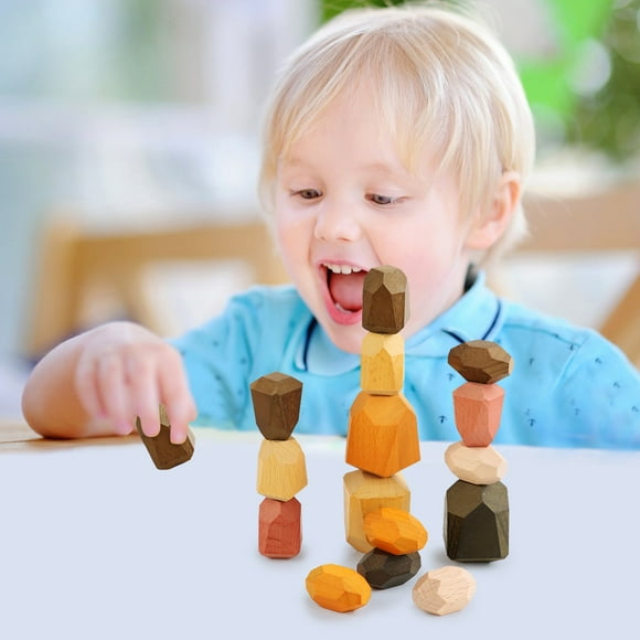 Mikilon 15pcs Colorful Wood Stone Stacking Game Wooden Building Block Set Lightweight