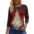 thumbnail image 5 of WTOBBY Women's Casual Round Neck 3/4 Sleeve Loose Printed T-Shirt with Christmas Elements, Ladies Holiday Theme Top for Everyday Fashion, Comfortable Wear Blouse,Wine 3XL, 5 of 6