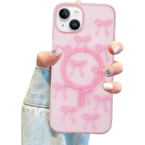 Magnetic Bow Case for iPhone 15 Plus, Cute Aesthetic Bowknot Pattern Phone Case Compatible with Magsafe, Soft TPU Protective Phone Cover for Women Girls - Pink