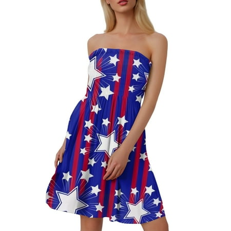 CHCNHAC Tube Dresses for Women 4th Of July Patriotic Dresses Red White and Blue Print Flattering Flowy Swing Strapless Classy Dress Royal Blue XL