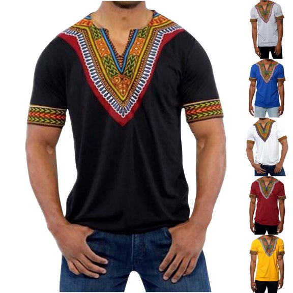 Hinvhai Mens African Shirt Tribal Floral Print Traditional T Shirt for Men V Neck Slim Fit Shirts Tops Yellow 10(XL)