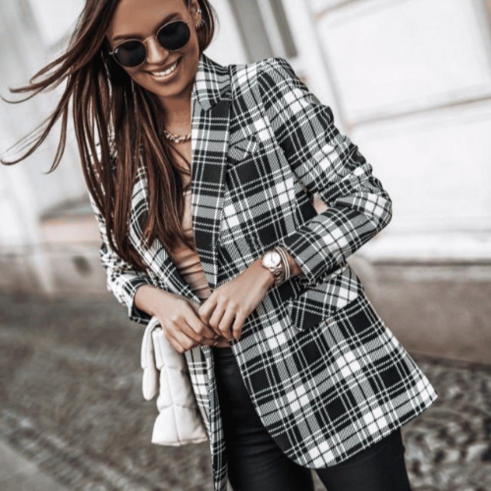 Ladies Women Casual Work Office Check Coat Open Duster Checkered Blazer Jacket 