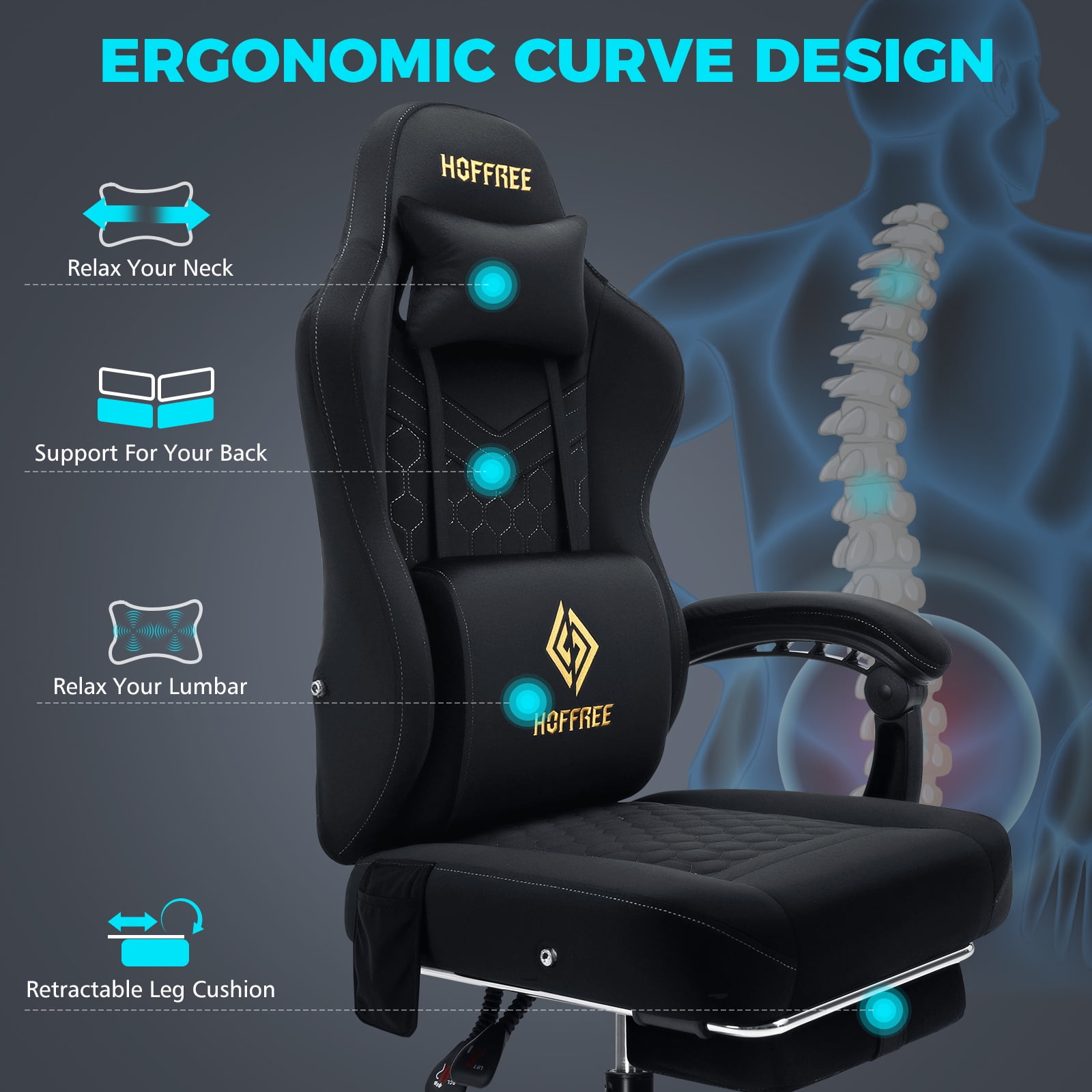 Hoffree Gaming Chair with Speakers and Massage Skin-friendly Gamer Chairs for Adults with Footrest Big and Tall Video Game Chair with Headrest and Lumbar Support for Office and Home Black