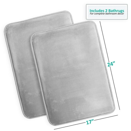 Clara Clark 2 Piece Premium Memory Foam Bathroom Mat Set, Set of 2 17x24 inch Bath Rugs, Silver