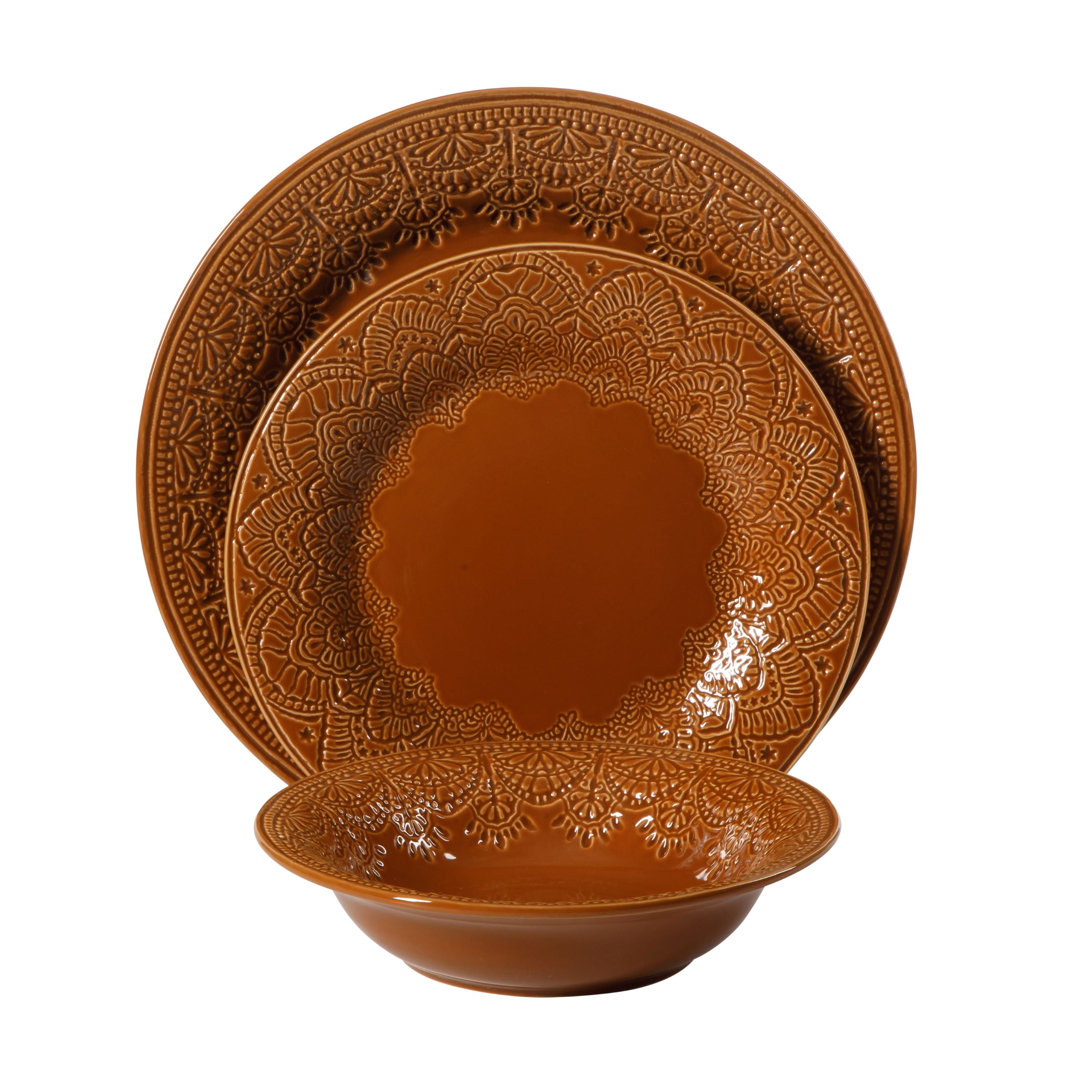 The Pioneer Woman Vintage Lace 12-Piece Ceramic Dinnerware Set, Caramel