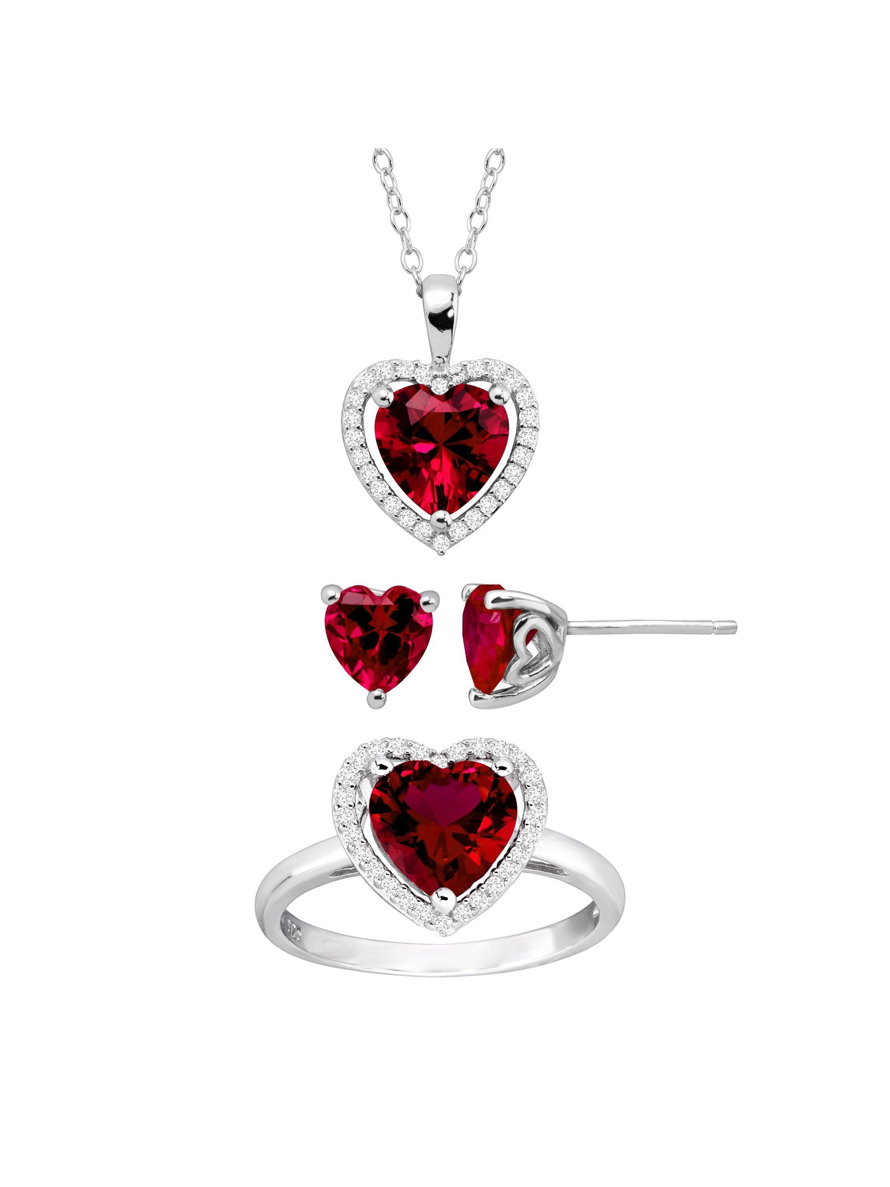 With 18 Chain Set of Sterling Silver Pendant and Earring in Ruby 