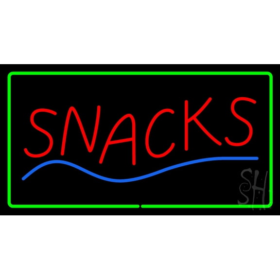 Snacks Green Border LED Neon Sign 13 x 24 - inches, Clear Edge Cut Acrylic Backing, with Dimmer - Bright and Premium built indoor LED Neon Sign for restaurant window and interior decor.