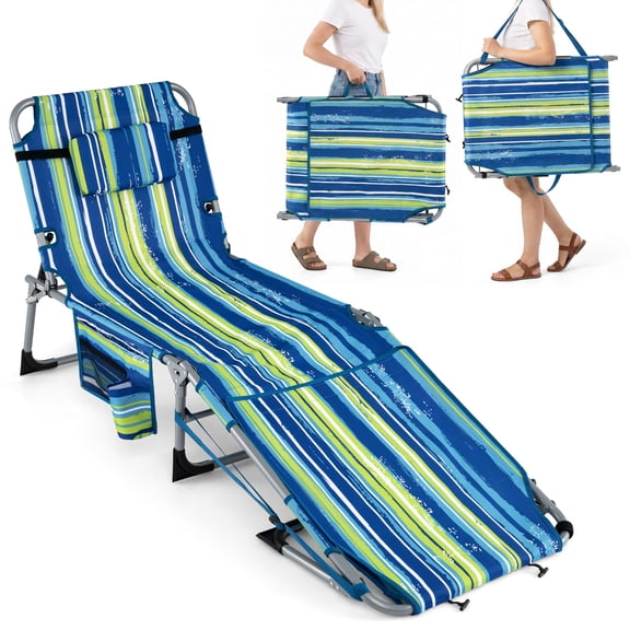 Gymax 2PCS Folding Tanning Chair Sunbathing Recliner w/Face Hole & Removable Pillow Adjustable Backrest & Leg Positions Blue Stripe