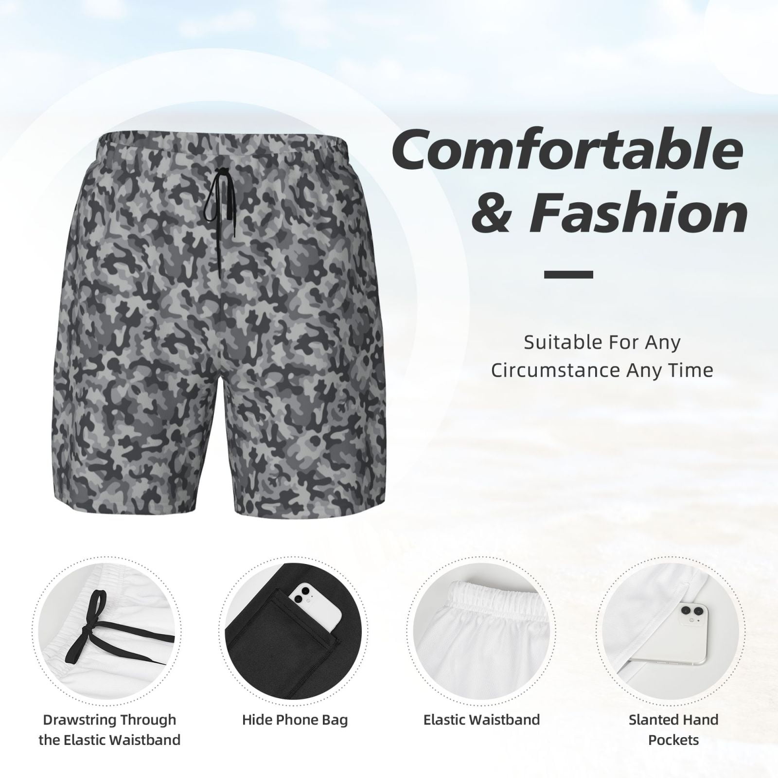 Men's Grey Camouflage Print Swim Trunks with Compression Liner Bathing Suit Swimwear