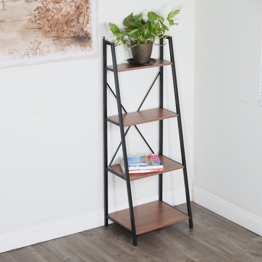 4tier Walnut Ladder Bookshelf with Black Frame