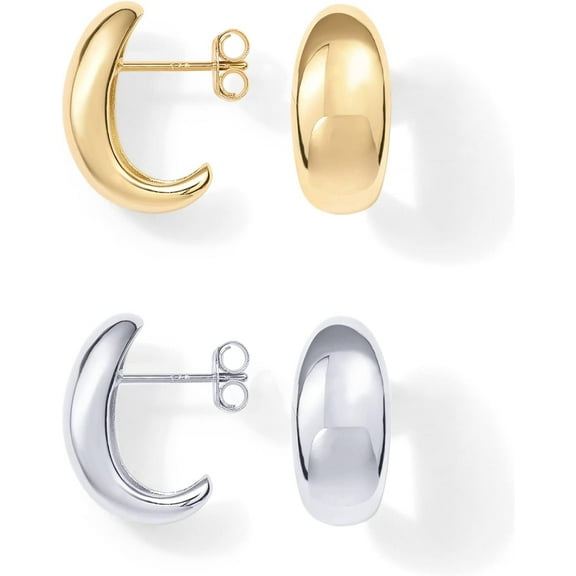 14K Gold Plated Sterling Silver Post Huggie Earrings | Gold Dome Huggie Hoop Earrings for Women