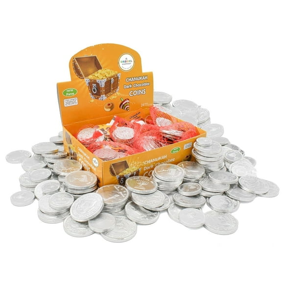 Hanukkah Chocolate Gelt Coins, Dark Chocolate, Kosher Parve, 24 Mesh Bags Perfect for Dreidel Games, Chanukah Celebrations