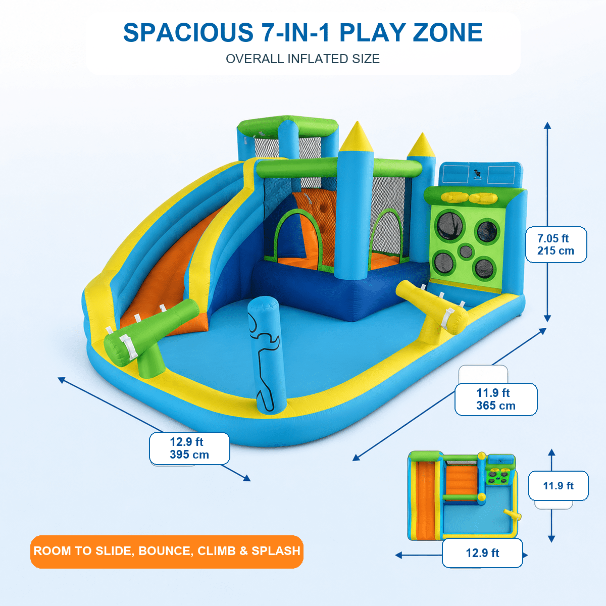 7-in-1 Inflatable Bounce House with Water Slide & 480W Blower, Kids Bouncy Castle with Climbing Wall, Water Gun, Splash Pool, Jumping Area & Basketball Hoop for Indoor and Outdoor Backyard Use