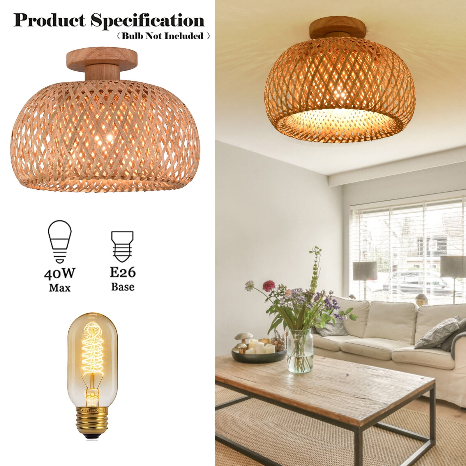 Vintage Bamboo Wicker Rattan Lantern Ceiling Light Fixture Semi Flush Mount Lamp