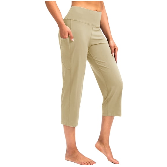 Capri Pants for Women High Waist Cropped Yoga Pants Straight Leg Athletic Workout Leggings with Pockets Light Brown S