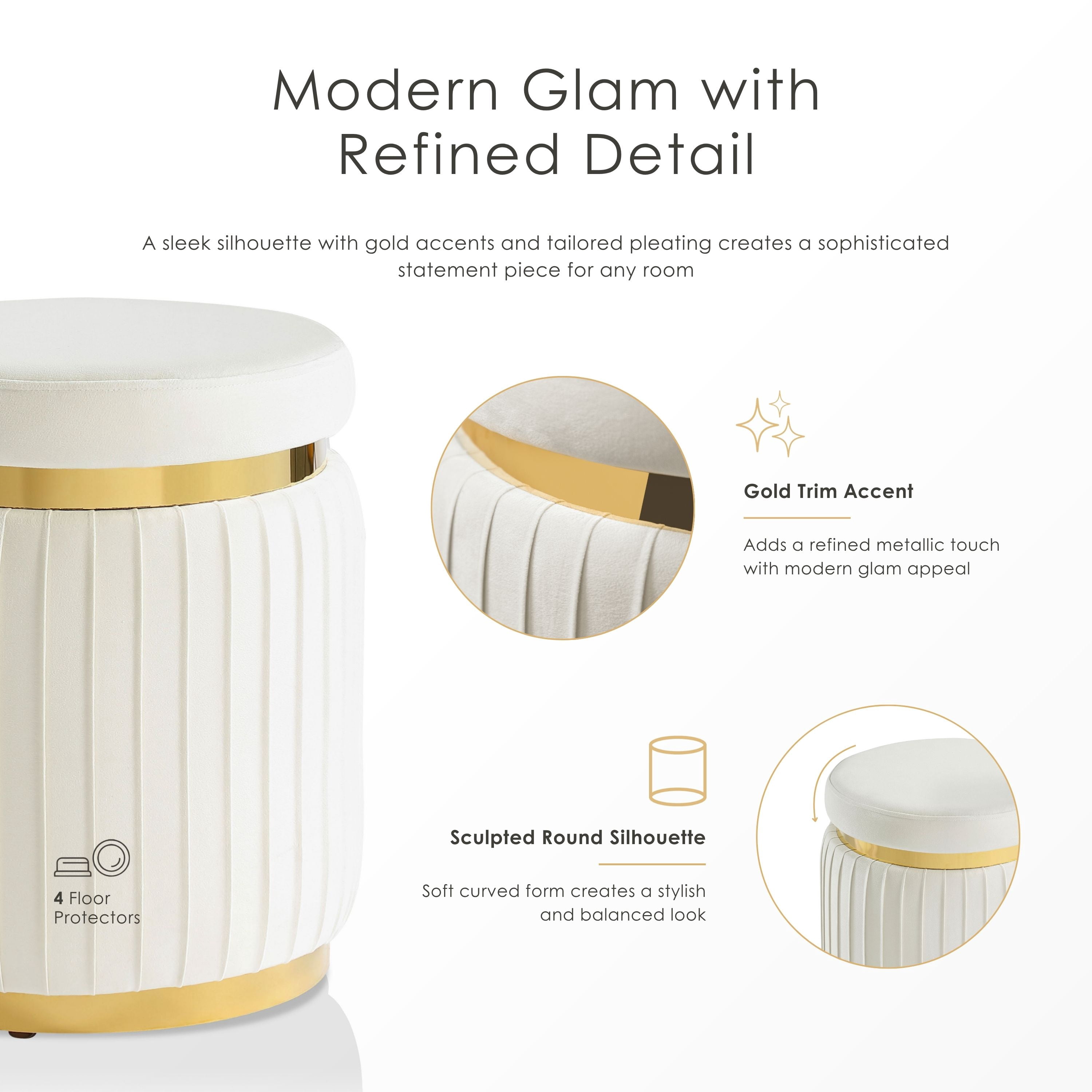 Furniture of America Rigi Modern 15" Upholstered Round Stool, White and Gold
