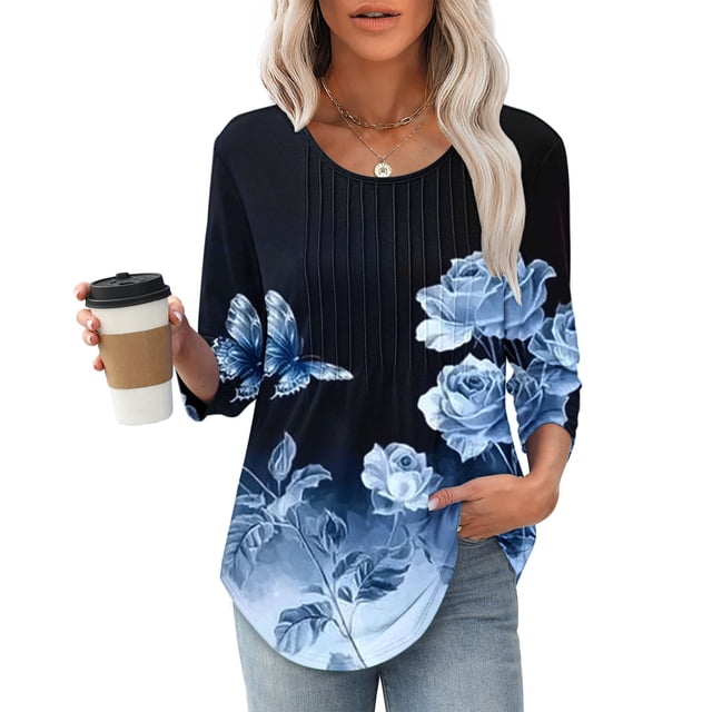 Weiqiqre 3/4 Length Sleeve Womens Tops Pleated Summer Tops 2025 Ruffle Bell Sleeve Fasion Trendy Spring Blouses