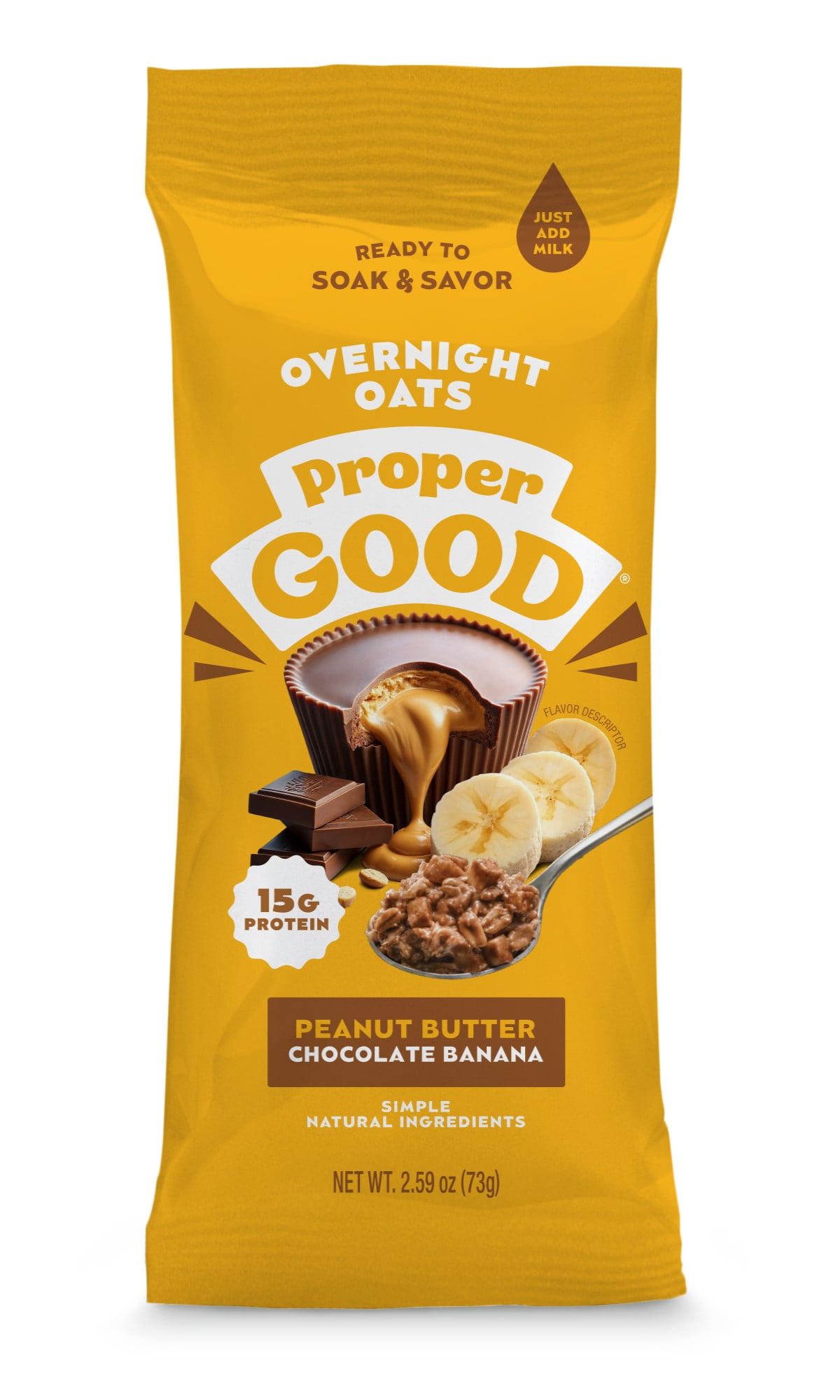 (2 pack) Proper Good Chocolate Banana Peanut Butter Overnight Oats, 15g Protein, Shelf-Stable 2.59 oz packet