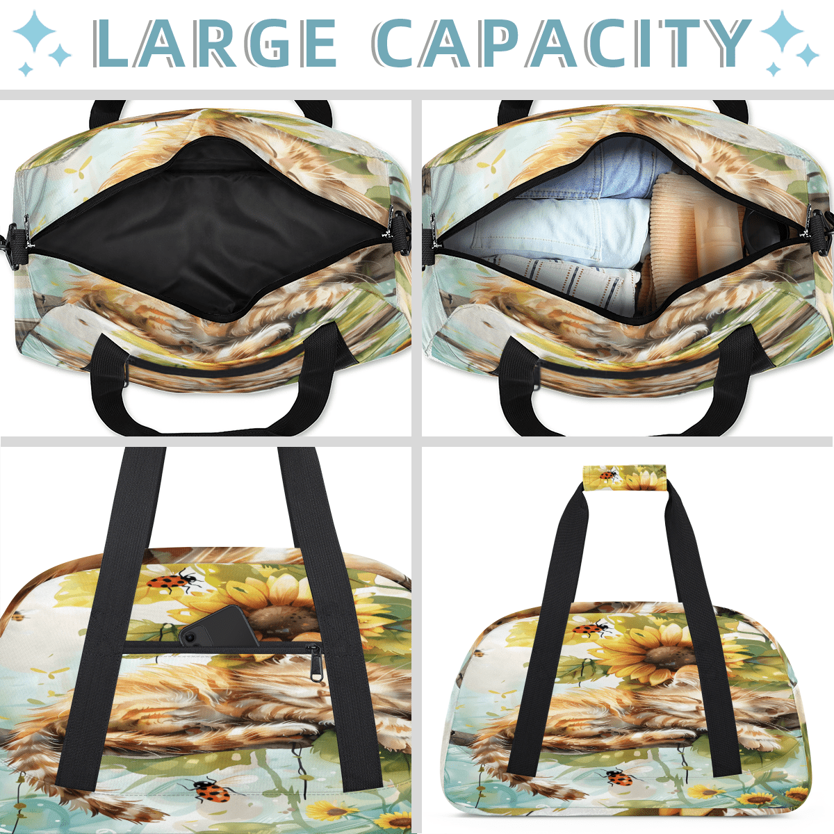 Herdesigns Cat Sunflower Sports Duffle Bag for Women & Men, Gym Bag Dance Bag Overnight Bag Carry On Weekender Travel Bag