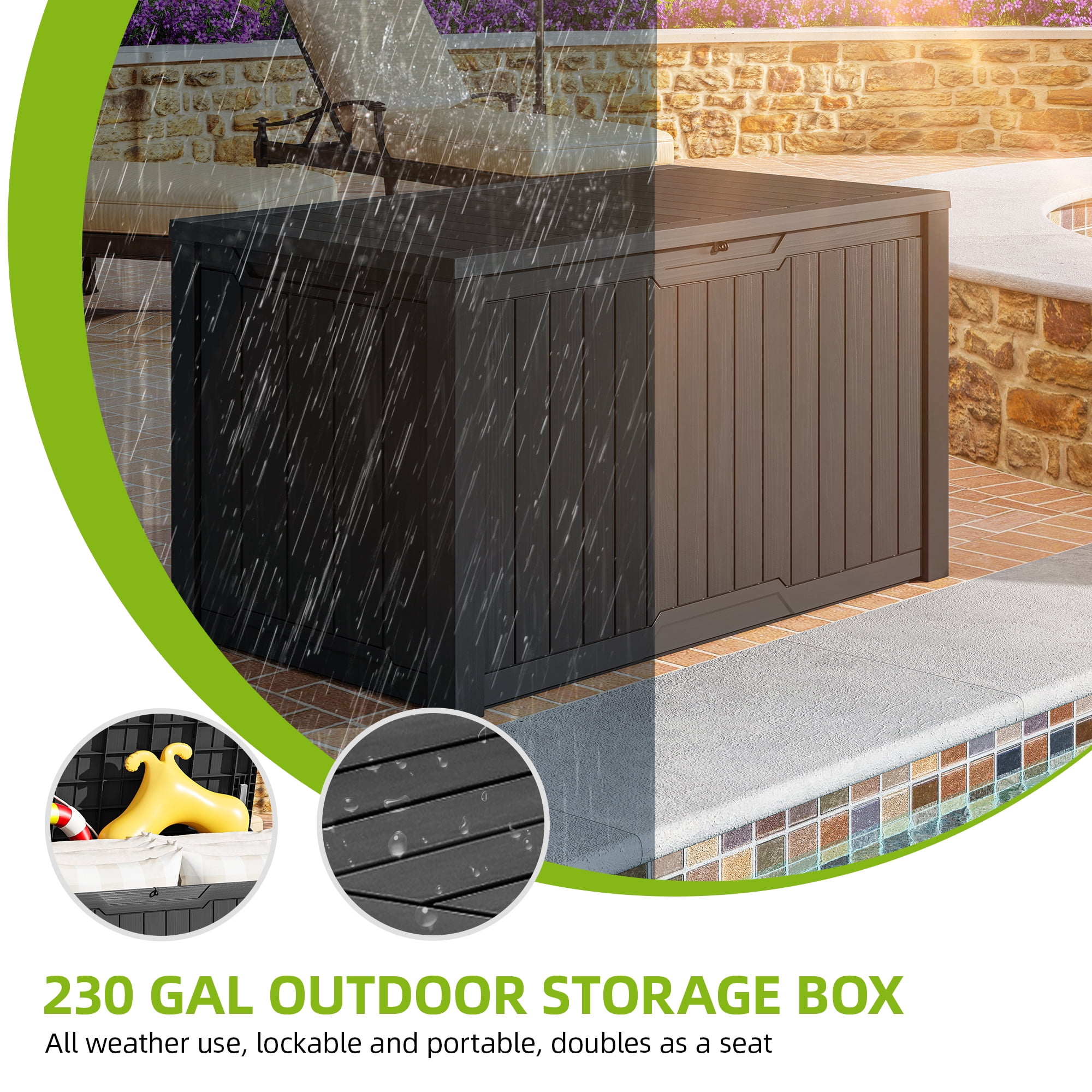 Uforic 240 Gallon XXL Lockable Resin Outdoor Deck Box, Weather Resistant Storage Container, Dark Gray