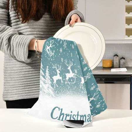 BZSMCE Kitchen Towels Creative Elegant Reindeer Soaring on Snowflake Print Pattern Durable Kitchen Towel