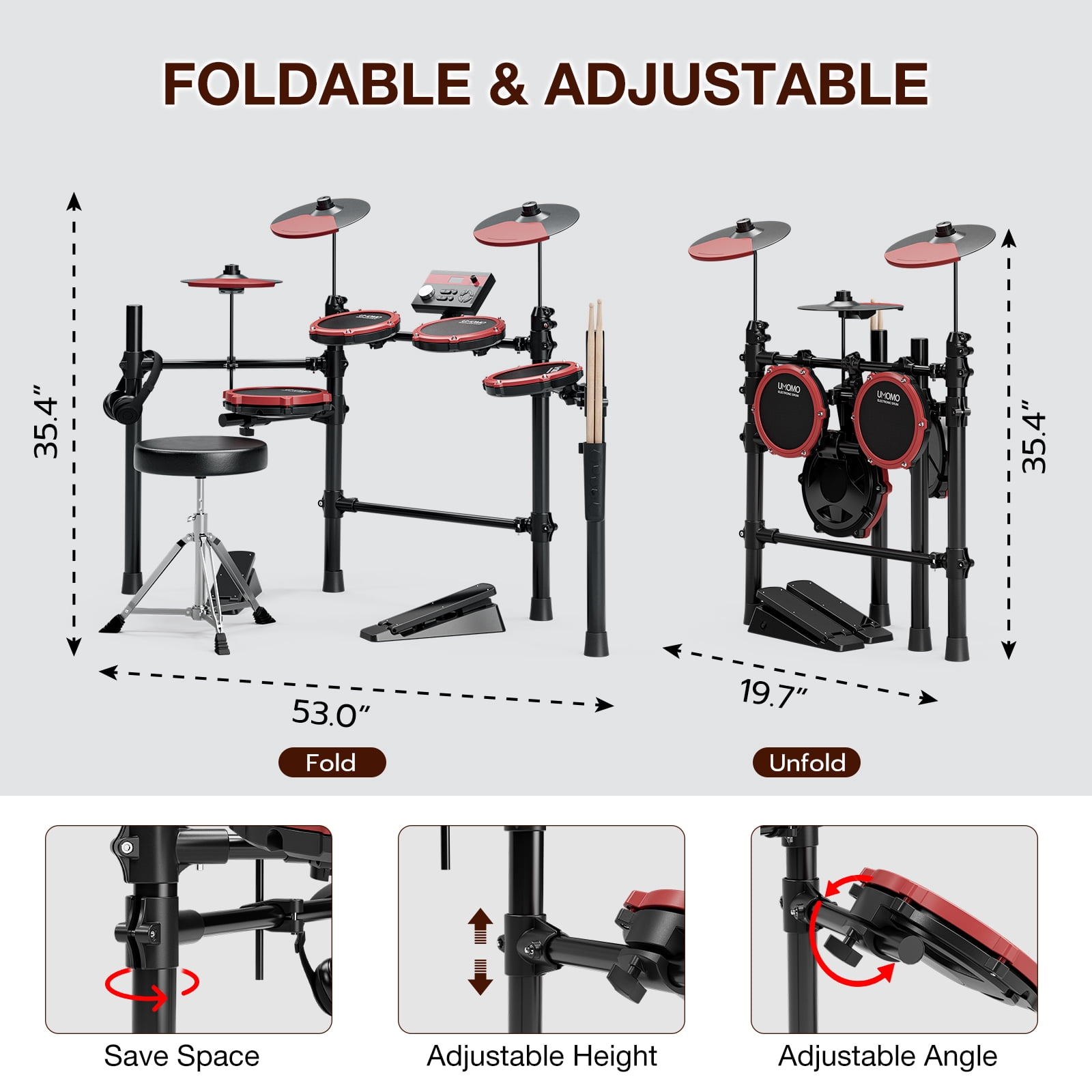 UMOMO Electric Drum Set, Electronic Drum Set With Mesh Electric Drum Pads, 225 Sounds, Drum Sticks, Headphones & Audio Cables, Stable Steel Frame, 15 Drum Kits, for Beginner, Red & Black