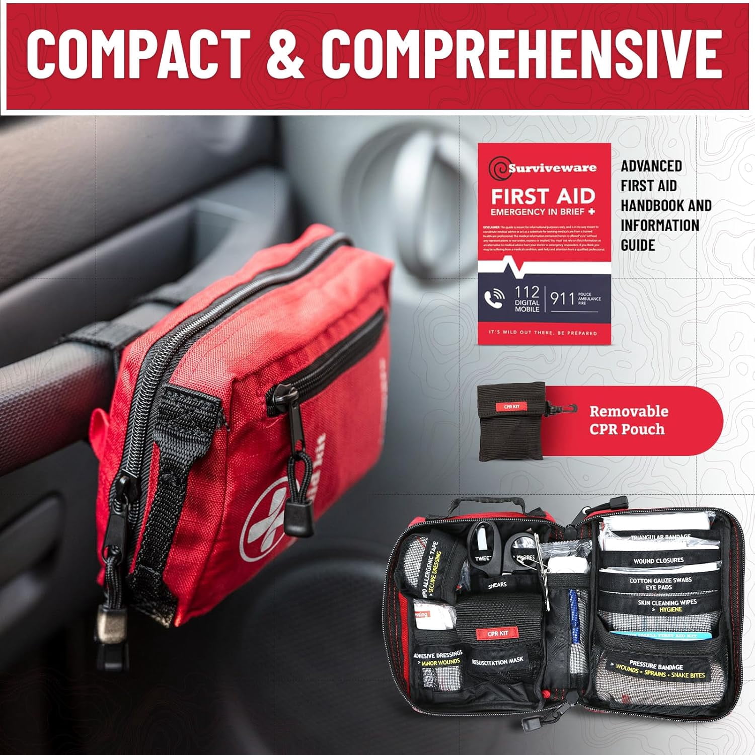 98 Pcs Comprehensive Premium Survival First Aid Kit - Medical Emergency Kit for Travel Camping Gear, Home Essentials & Outdoor Emergencies - HSA & FSA Eligible Survival Kit