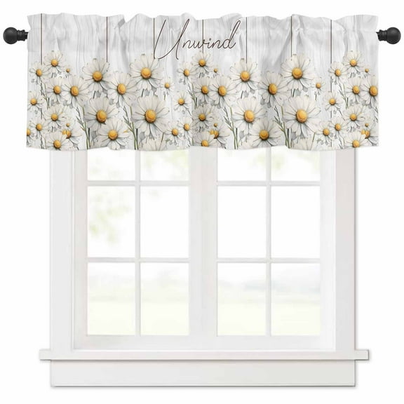 Hokiten Rod Pocket Curtain Valance, White Spring Floral Farmhouse Window Valance for Living Room, Bedroom, Kitchen Watercolor Daisy Vintage Flower 60"W x 18"L