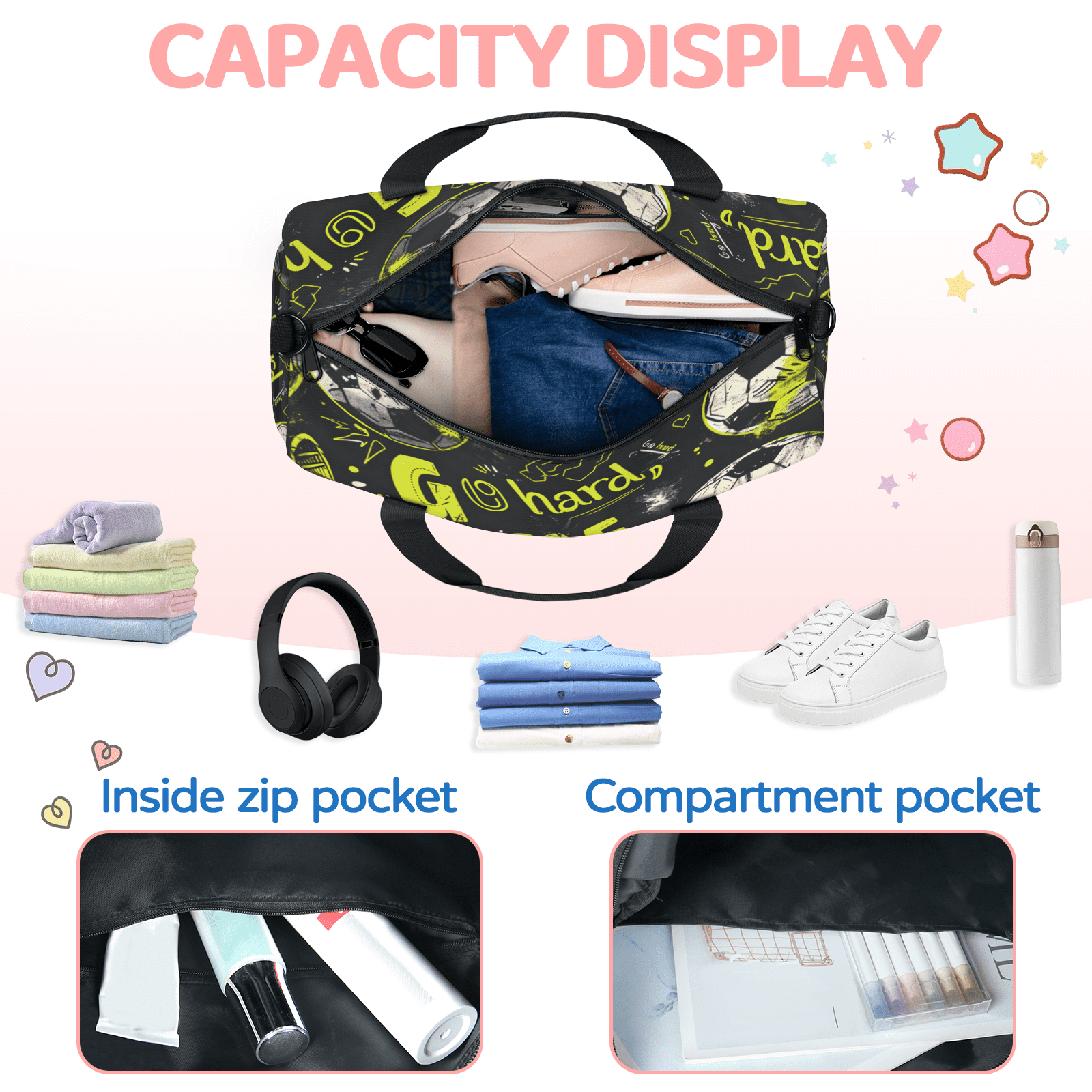Herdesigns Cool Football Gym Bag for Women, Duffle Bag for Travel Sport, Lightweight Waterproof Carry on Weekender Dance Yoga Workout Bags