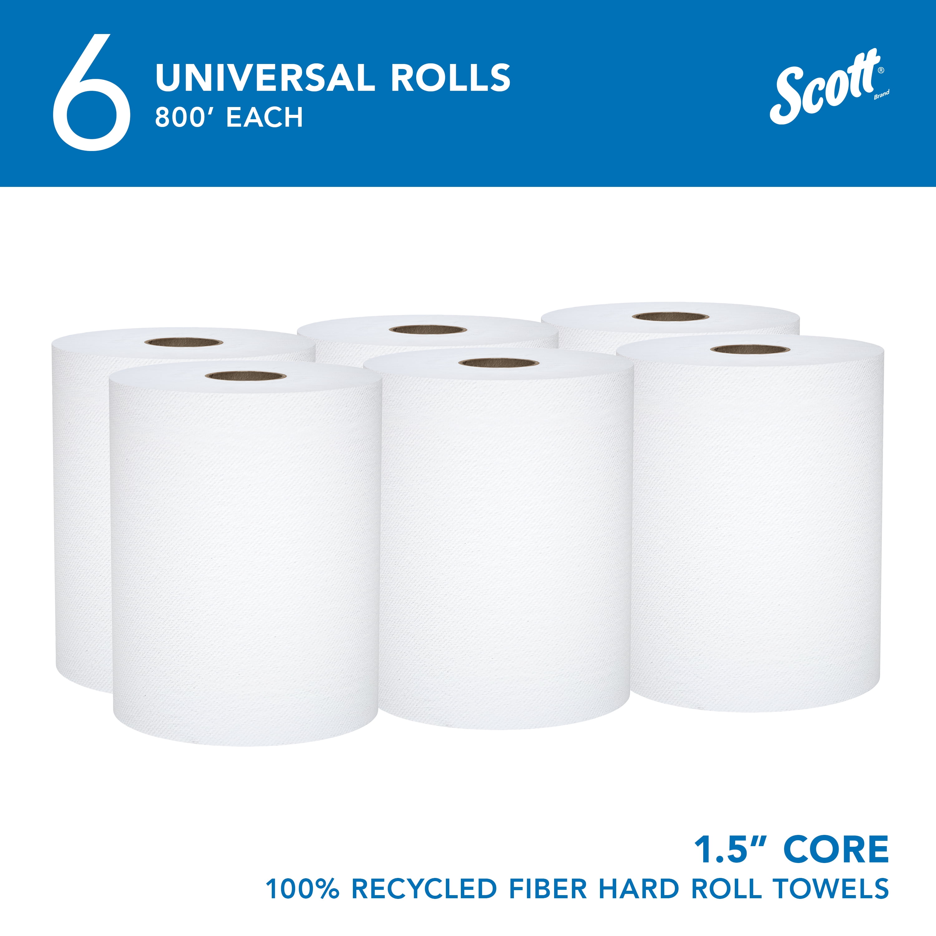 Scott Professional Universal 100% Recycled Fiber Hard Roll Paper Towels, Bulk (56158), Hardwound 1.5" Core, Absorbency Pockets, Compressed, White (6 Rolls at 800' Each, 4,800'/Case)