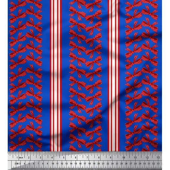 Soimoi Blue Heavy Satin Fabric Bow & Stripe Decor Fabric Printed Yard 54 Inch Wide