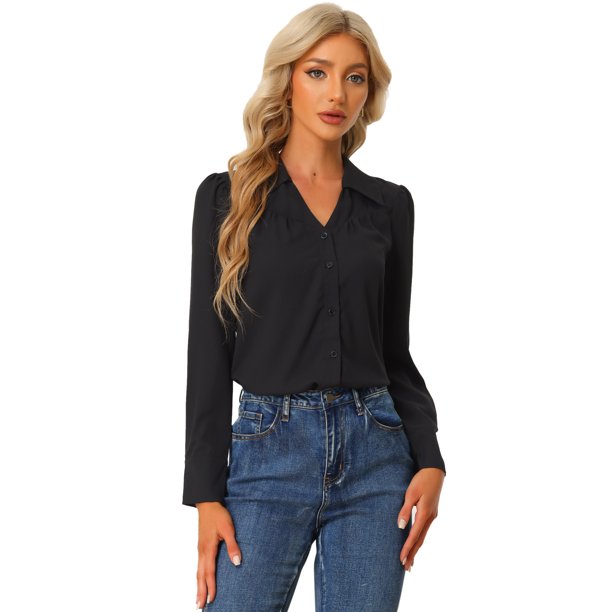 Camisa casual con botones para mujer, manga larga, cuello en V, fruncido, para oficina, negocios, blusas Negro S