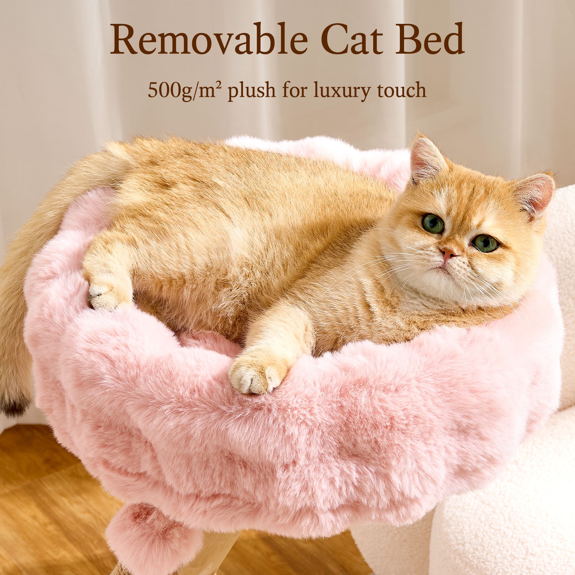 HITTITE Natural Solid Wood Cat Tree Tower with Scratching Post, 32 Inches Tall Modern Cat Tower with Cozy Bed and Platforms, Luxury Real Branch Cat Tree for Indoor Cats Large Adult, Pink.