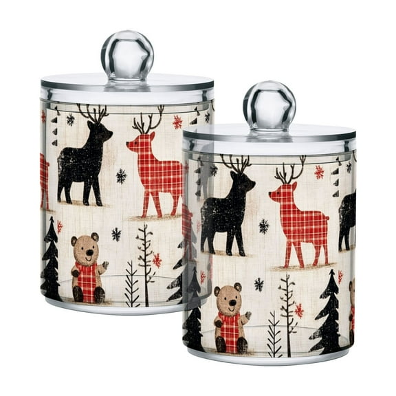 Yayeee 2 Pack Qtip Holder Bathroom Cotton Swab Canister with Lid Clear Dispenser Set, Retro Christmas Forest