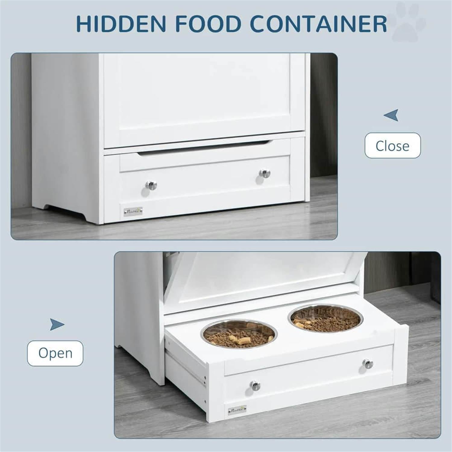 Kadyn Pet Feeder Station Cabinet for Indoor Dogs, Large Dog Food Storage Container with Elevated Bowls, Watering Station, White
