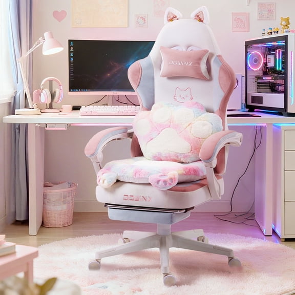 GOOSEA Cute Cat Ear Gaming Chair with Paw Print Lumbar Support and Cushion, Ergonomic Computer Desk Chair with Footrest, Reclining PC Game Chair for Girls and Women, 300lbs, Colorful
