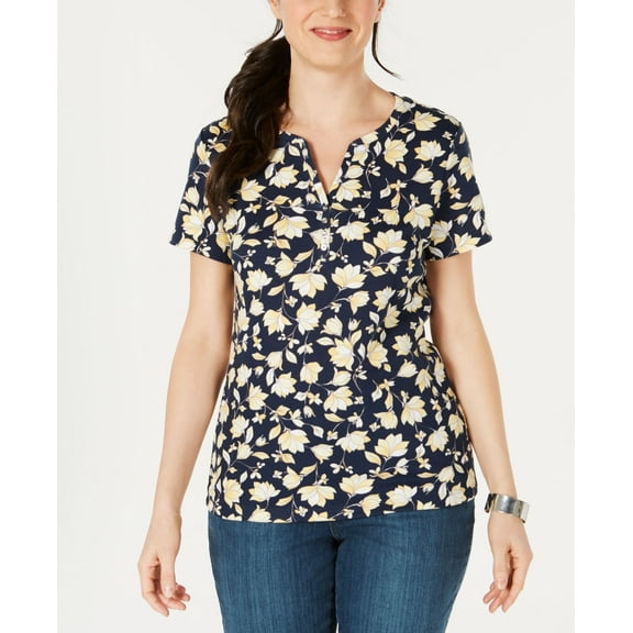 Karen Scott Printed Split Neck T-Shirt Intrepid Blue S