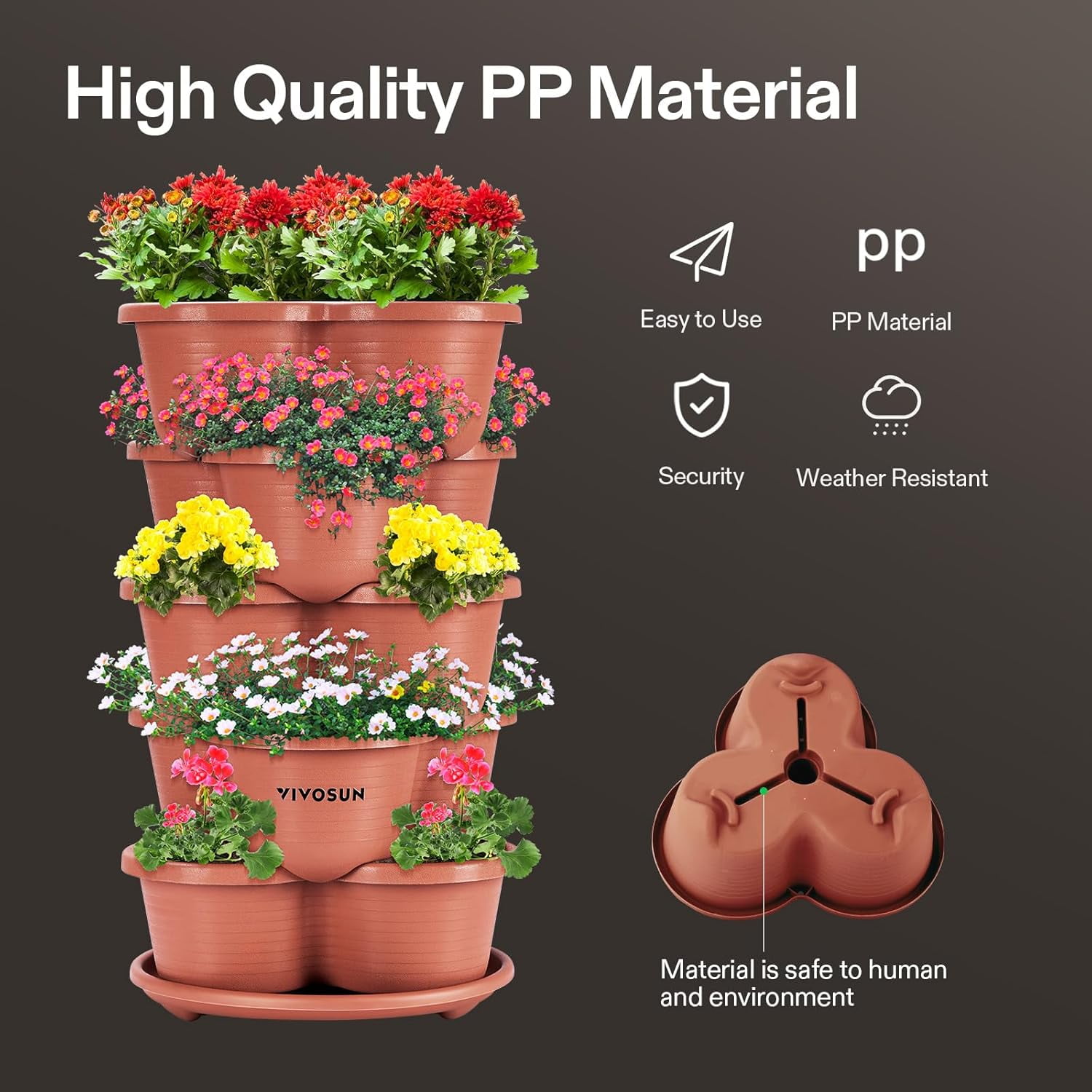 VIVOSUN 2-Pack 5 Tier Vertical Gardening Stackable Planter for Strawberries, Flowers, Herbs, Vegetables Brown