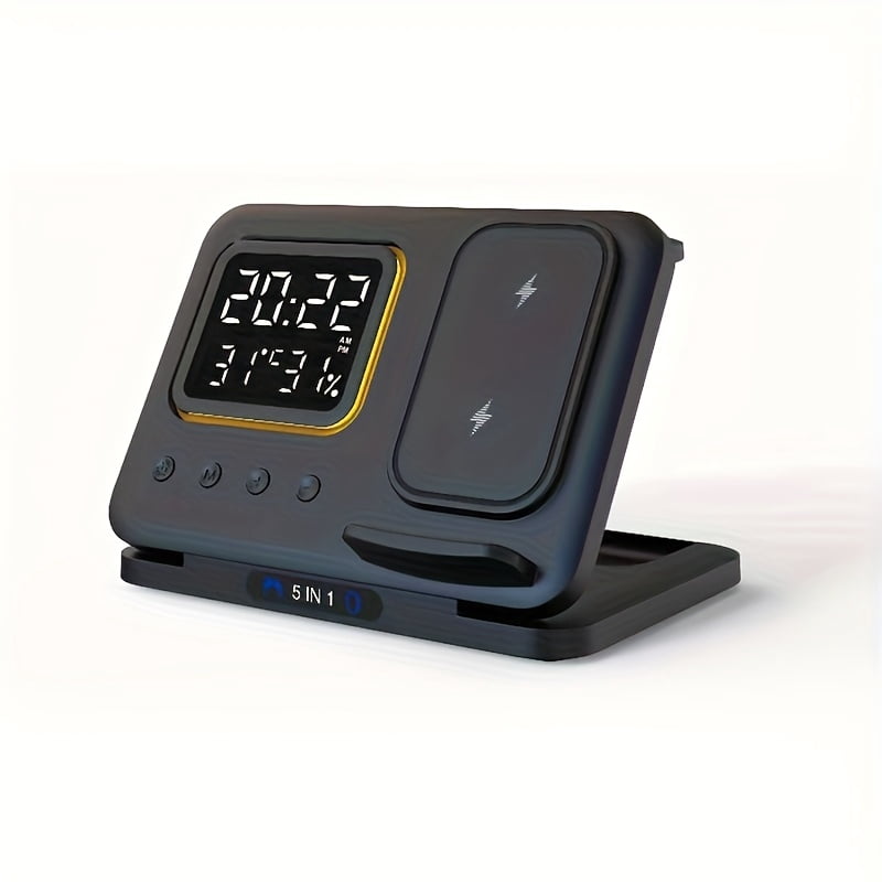 5 in 1 wireless charger, integrating night light, time and temperature display and ambient light, compatible with Apple mobile phones and watches, providing convenient charging.