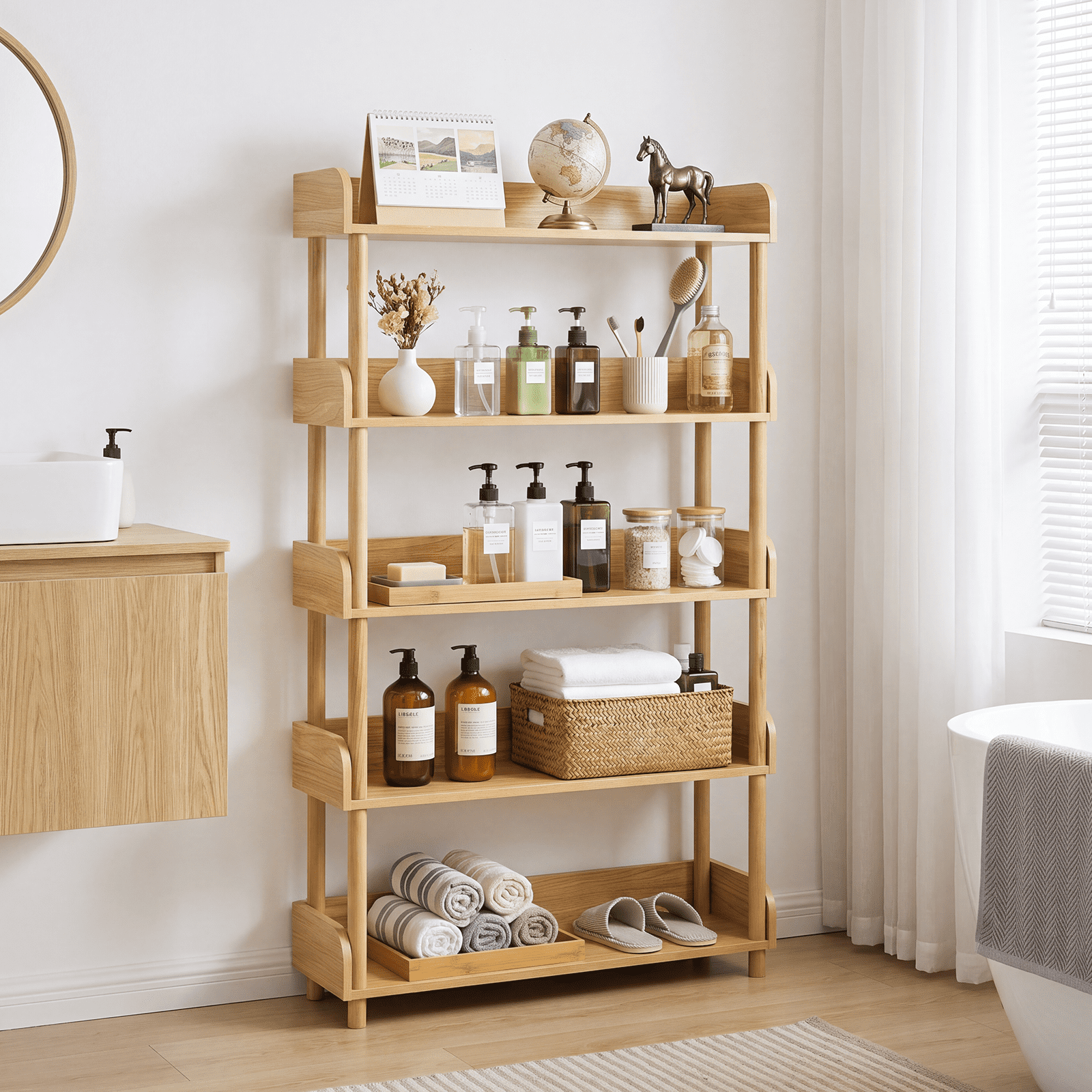 GARITIN 5 Tier Wood Bookshelf, Freestanding Display Shelf with Open Storage Shelves and Solid Wood Legs for Home Office Living Room, Wood