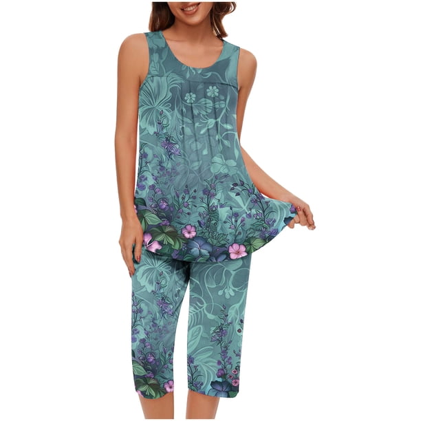 Conjunto de Verano para las Mujeres Casual Impreso sin Mangas Cuello Redondo Y Pantalones Recortados de Dos Piezas