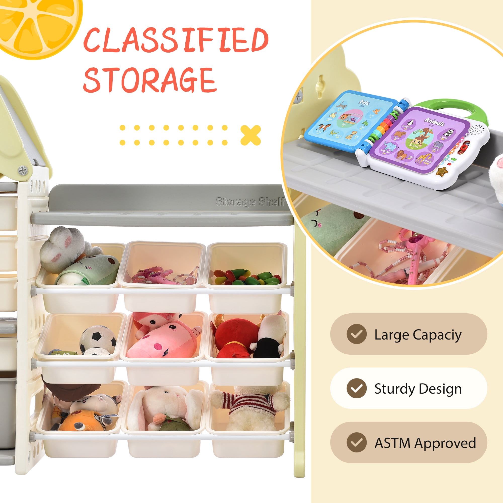 PORKISS Kids Bookshelf, HDPE Toy Storage Organizer with 14 Bins, Multi-Functional Bookshelf for Kids for Living Room, Bedroom, Nursery, Playroom, Light Green
