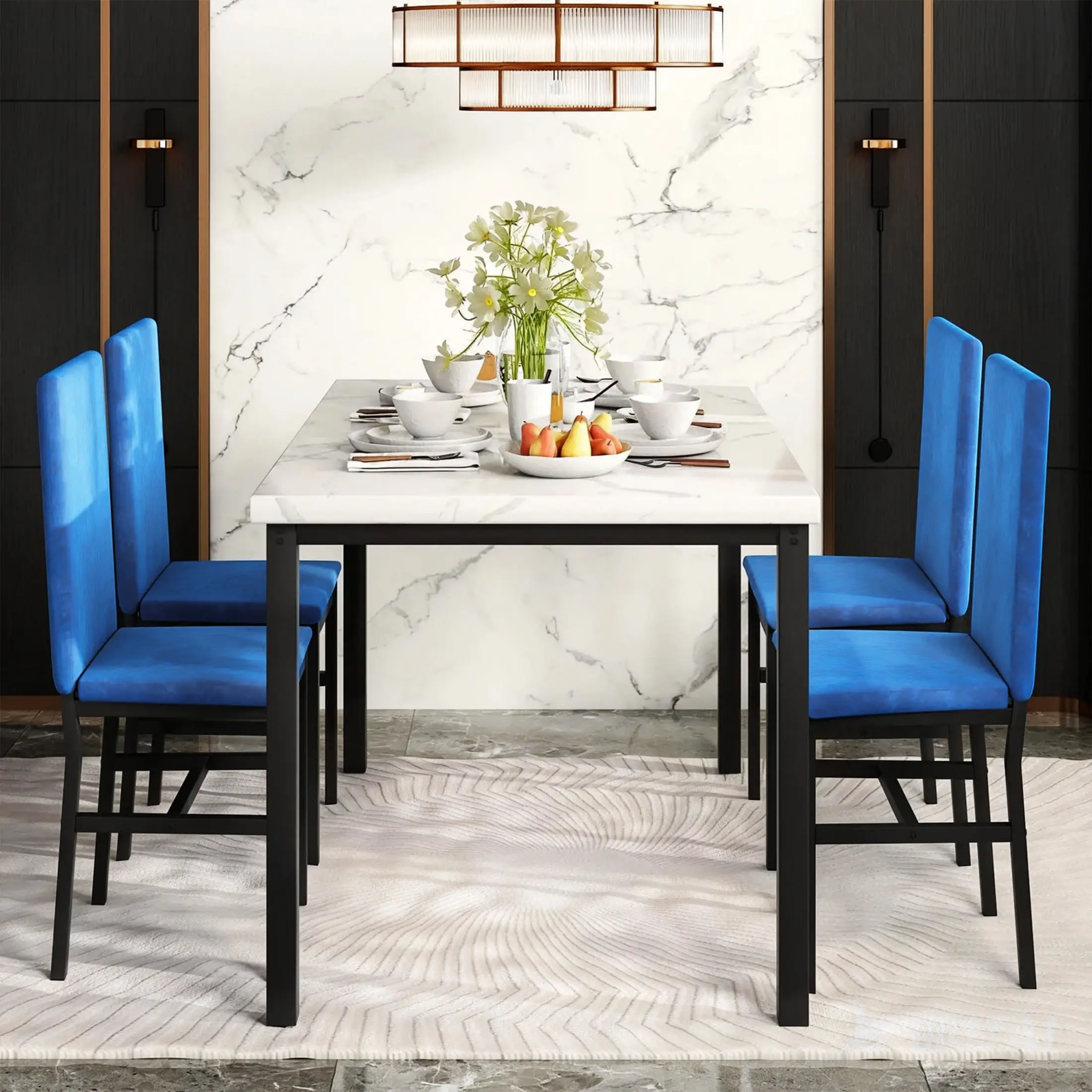 Dining Table Set for 4, Modern Marble Dine Table with 4 Velvet Chairs, Modern Kitchen Table Set for Home, Breakfast Nook, Cafeteria Dining Room, Blue