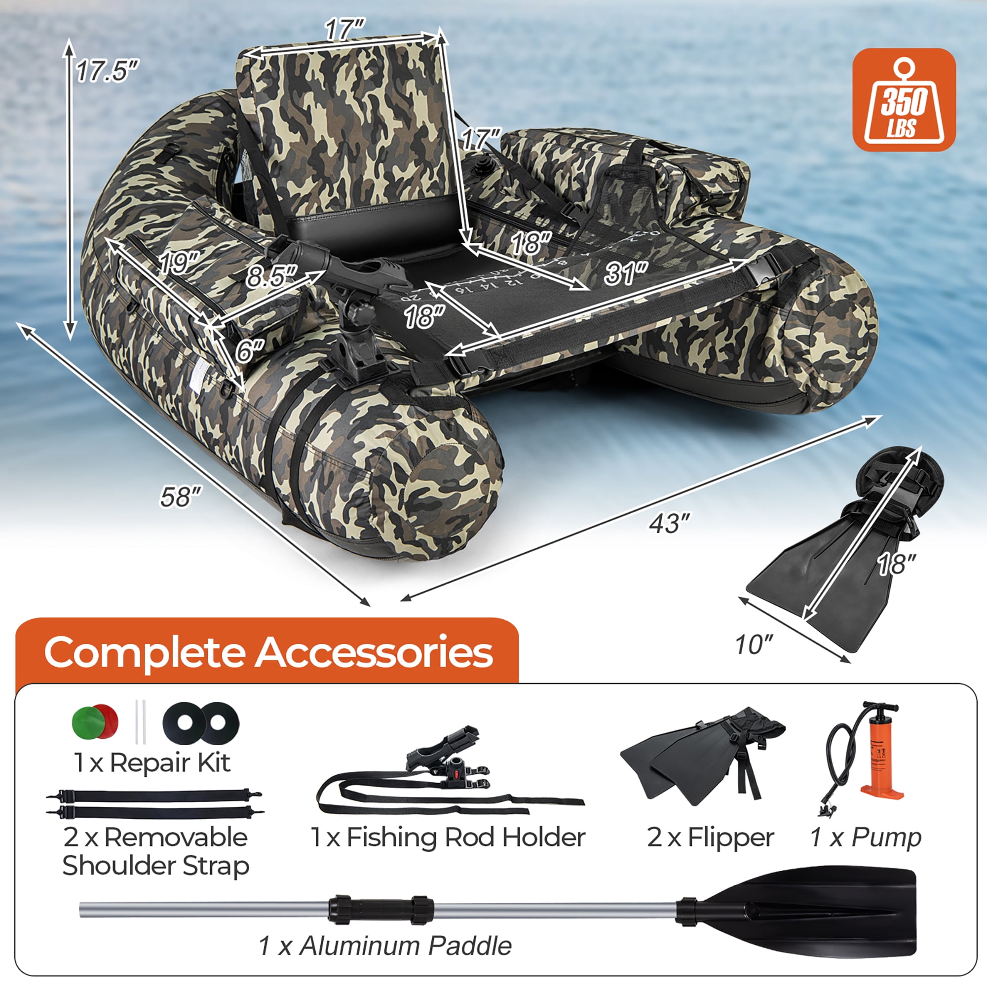 Gymax Inflatable Float Tube w/ Fish Ruler Rod Holder Storage Pockets Flippers Paddle