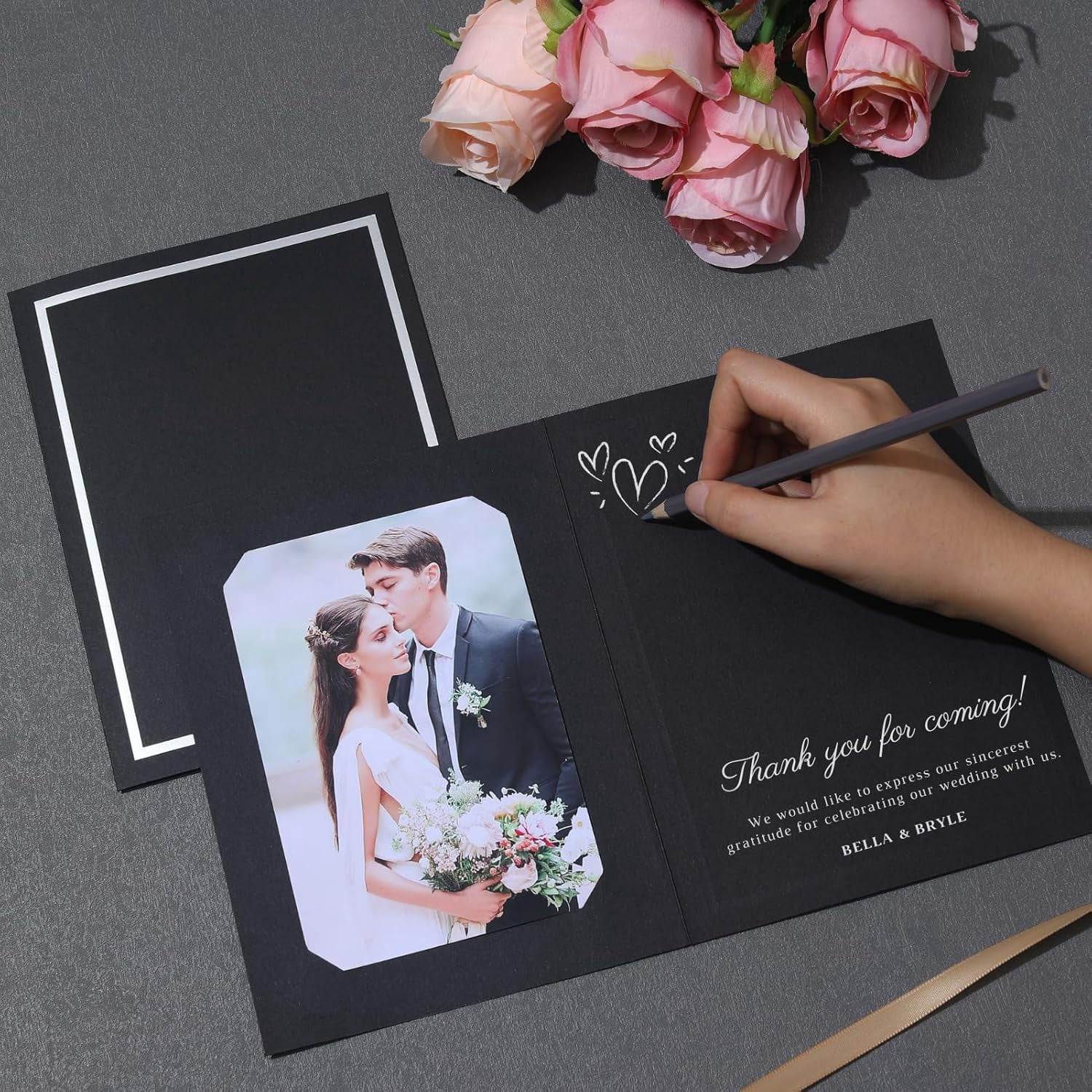 50 photo album for 46 or 57 photos, paper photo frame, cardboard greeting card frame, suitable for Mother's Day, Christmas, New Year, weddings, birthdays, classroom (Black with silver foil)