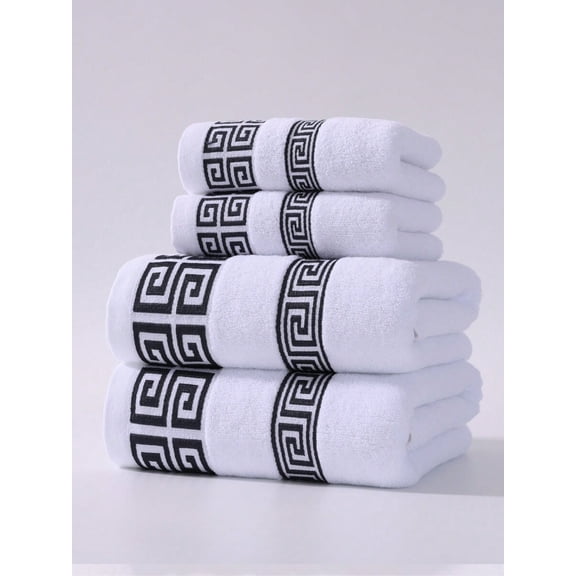 White Greek Key Patterned Towel Set with Black Trim
